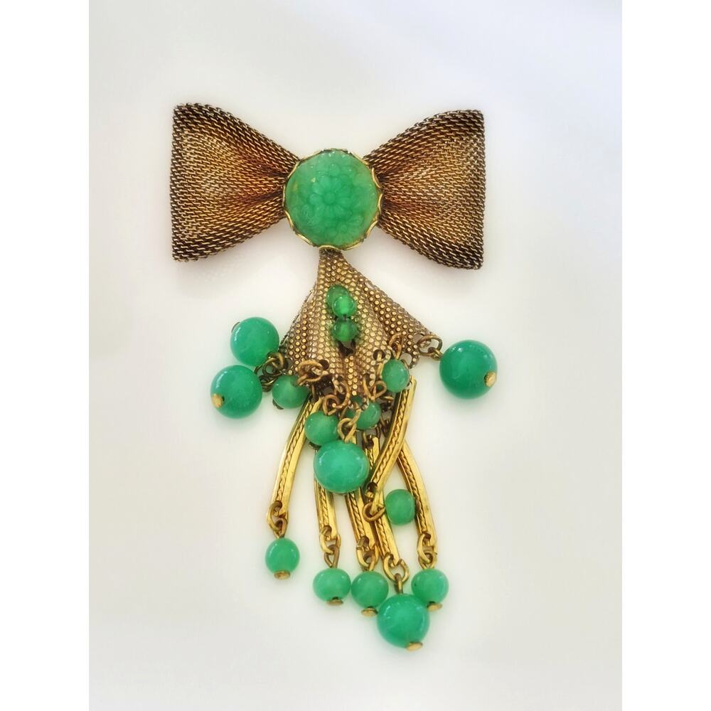 Vintage Antique Faux Jade Bow-tie Dangle Brooch